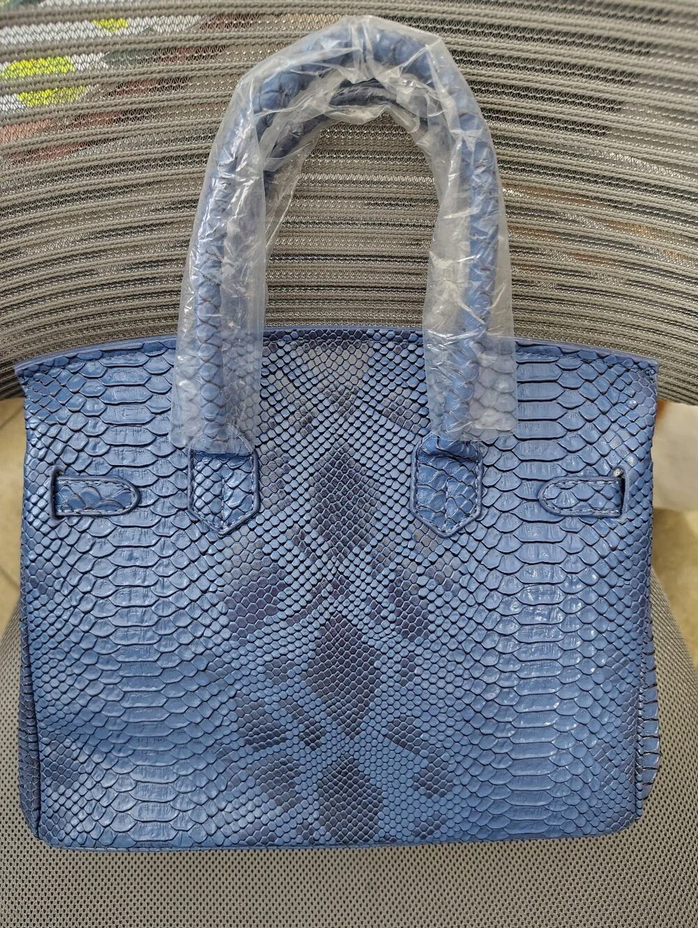 Brand New Fashion Bag Blue Faux Snake-Embossed Satchel with Gold Hardware
